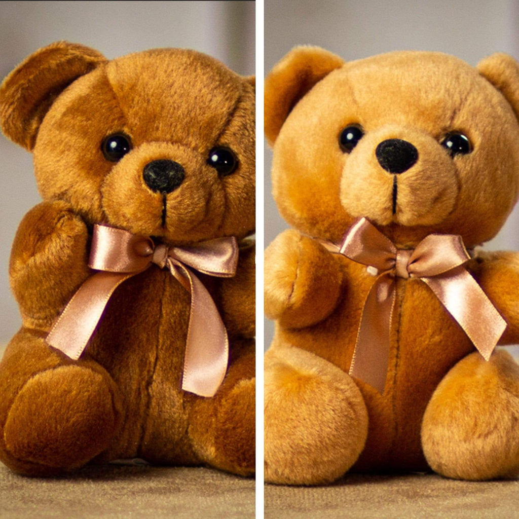 A brown and beige bear that are 6 inches tall while sitting