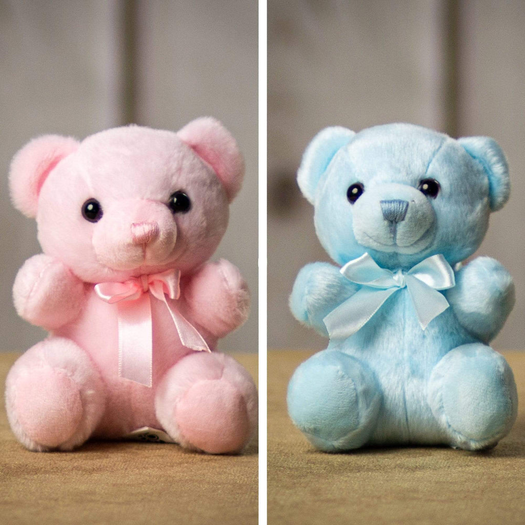 A pink and blue bear that are 6 inches tall while sitting
