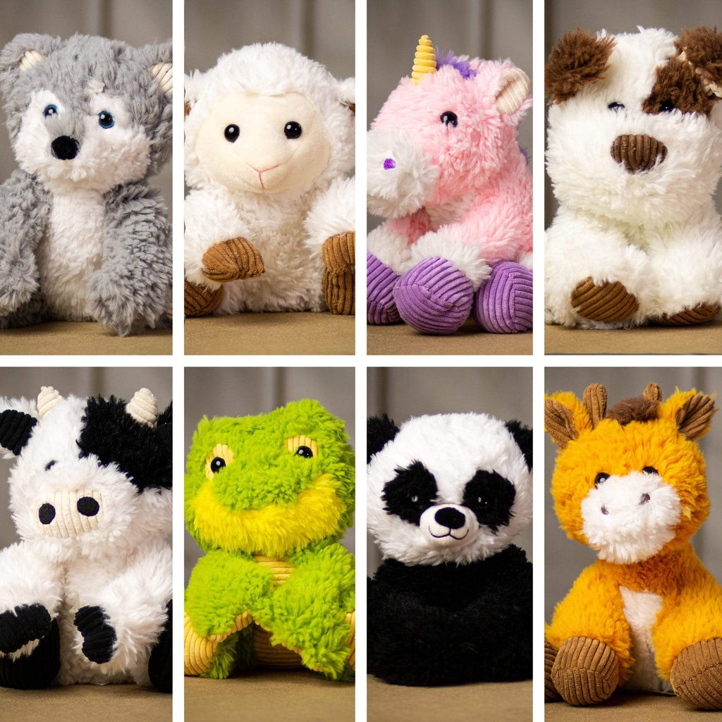 A scruffy wolf, lamb, unicorn. dog, cow, frog, panda, and giraffe that are 9.5 inches tall while sitting