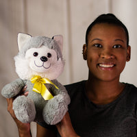 A woman holding a gray husky that is 10 inches tall while sitting wearing a yellow bow