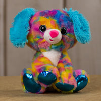 A psychedelic dog that is 10 inches tall while sitting with shiny paws , blue feathered ears, and sparkly eyes