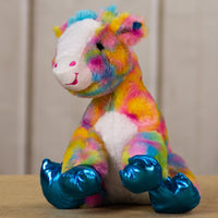 A psychedelic giraffe that is 10.5 inches tall while sitting shiny hooves and sparkly eyes