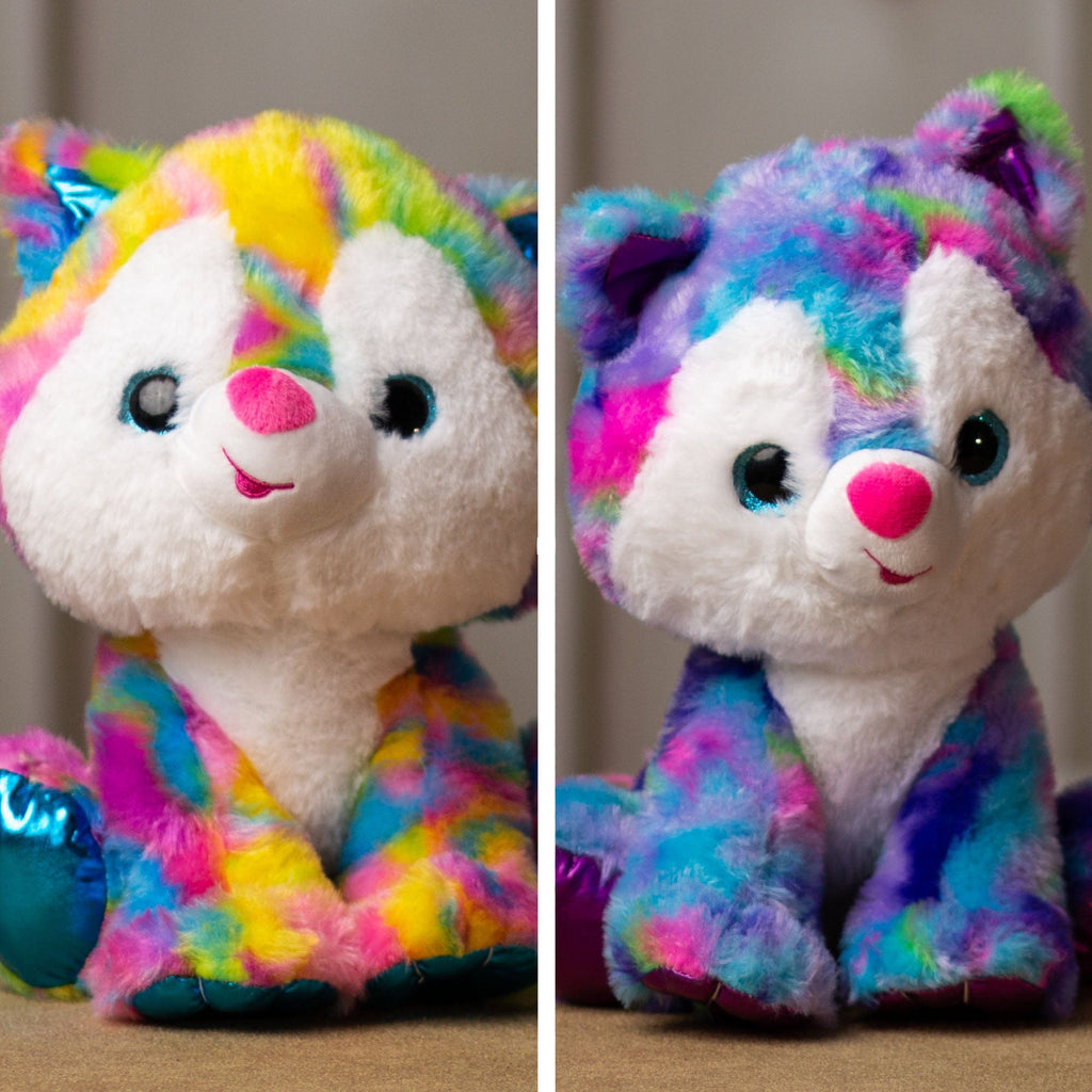 Two psychedelic wolves that are 10 inches tall while sitting shiny paws and sparkly eyes