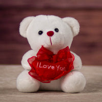 A white bear that is 6 inches tall while sitting holding a red heart that says, "I Love You"