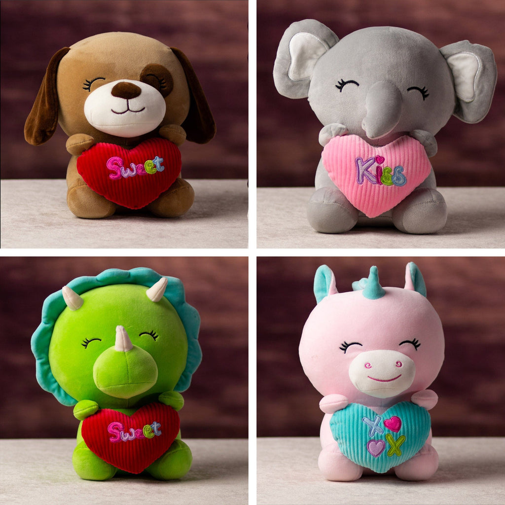 A brown dog, a pink unicorn, a gray elephant, and a green dinosaur that are 10.5 inches tall while sitting holding valentine hearts
