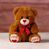 9 in valentines day bear with pink sequin heart nose and paws and wearing